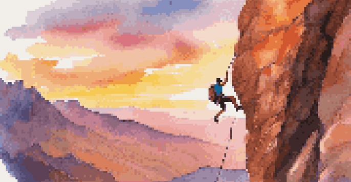 A climber free climbing a rocky surface at sunset, showcasing strength and movement.