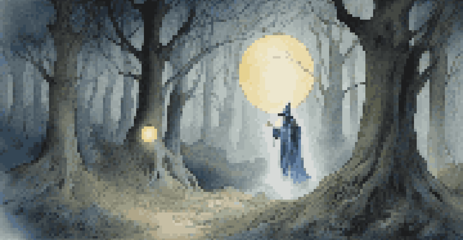 A traditional magician performing in a moonlit forest, holding a glowing orb surrounded by swirling lights and shadows.