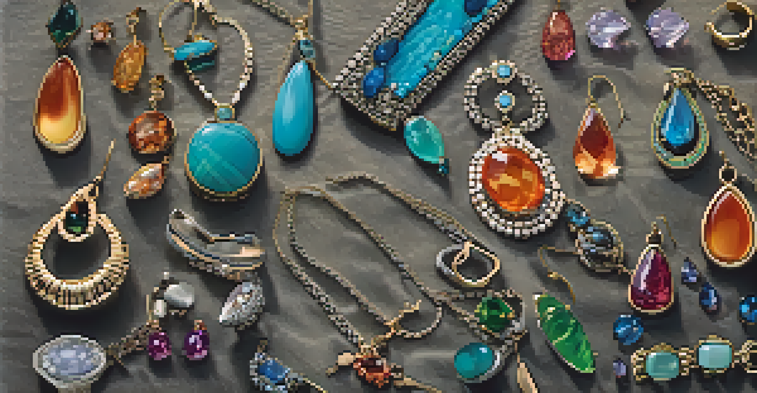 An artistic arrangement of colorful jewelry pieces on a textured fabric background, displayed under soft lighting.