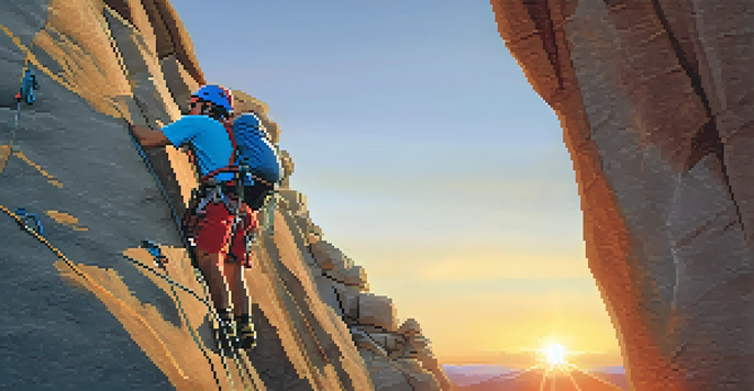 A climber in a blue harness and red helmet climbs a rocky surface under a sunset sky with climbing gear in the foreground.
