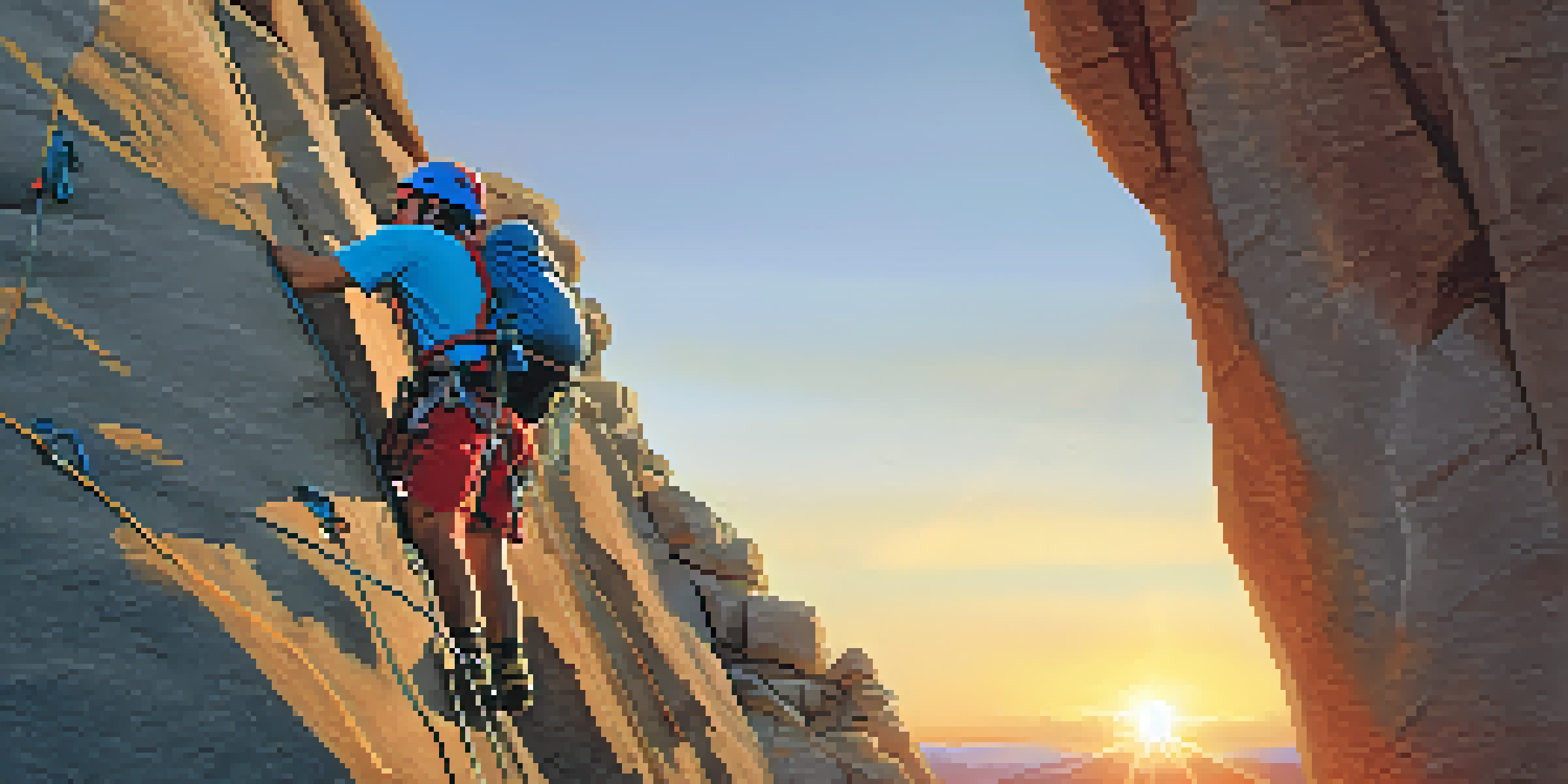 A climber in a blue harness and red helmet climbs a rocky surface under a sunset sky with climbing gear in the foreground.