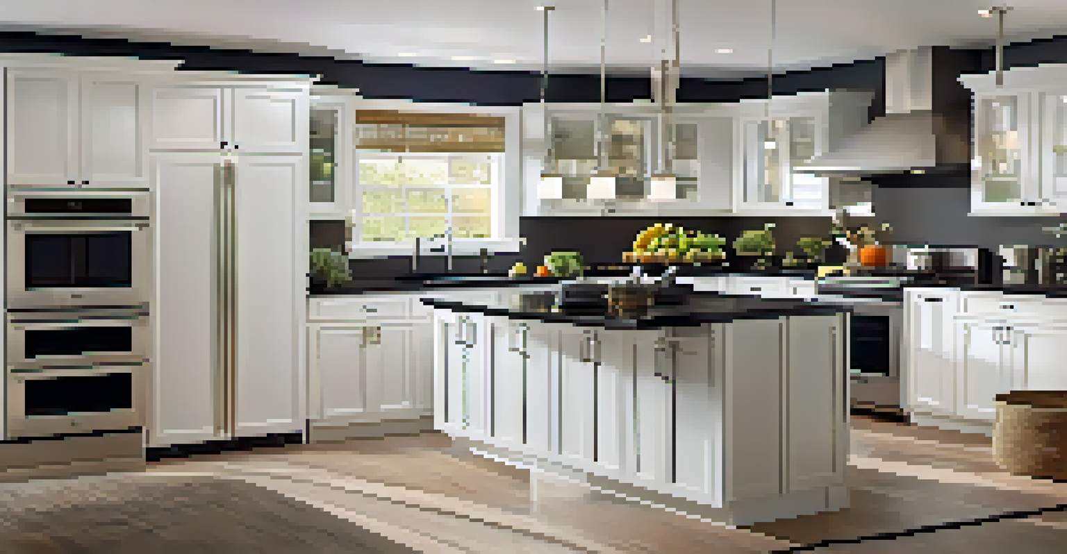 A modern kitchen featuring white cabinets with new brushed nickel hardware and a dark granite countertop.