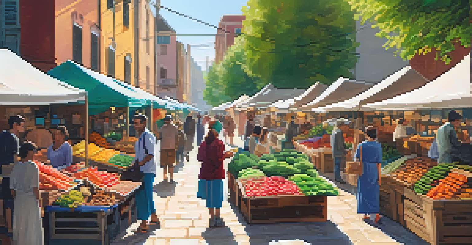 A bustling outdoor market with diverse shoppers and stalls displaying ethically sourced products, fresh produce, and handmade crafts.