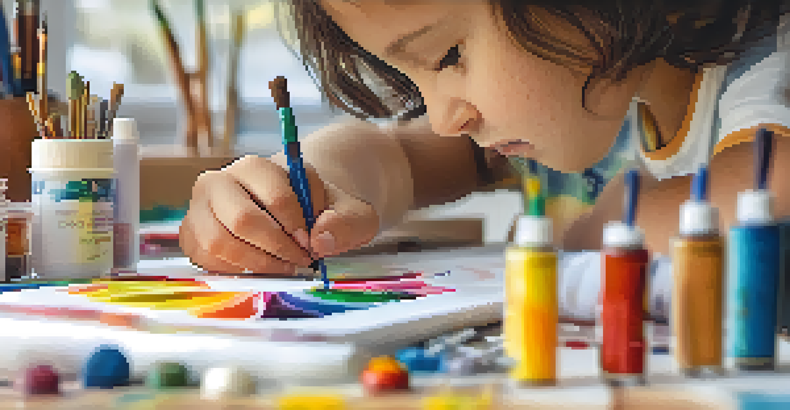 A child's hands painting a small scale model, with tools and paints visible in the background under bright natural light.