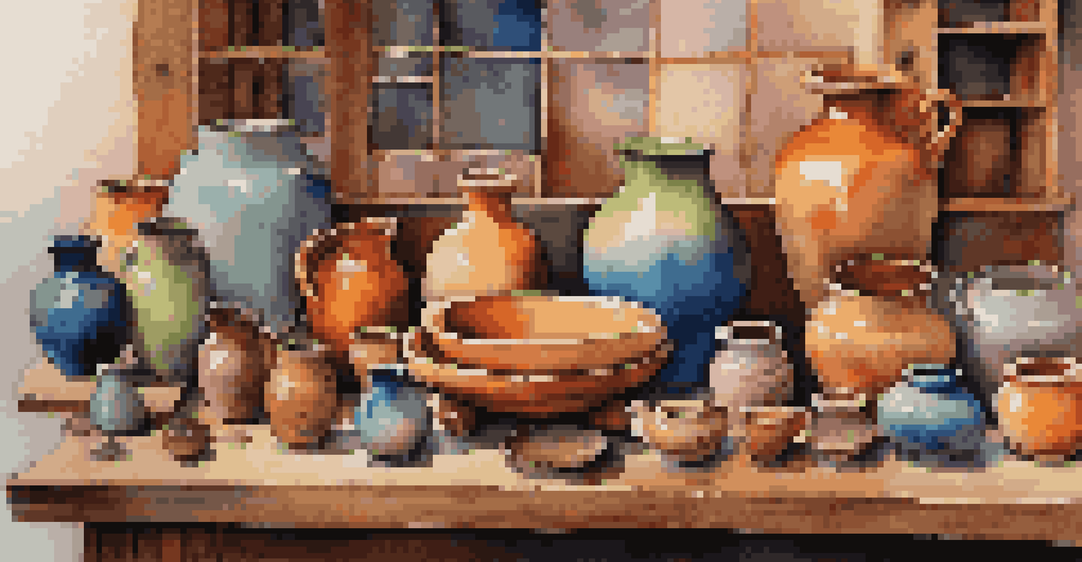 A beautiful display of colorful pottery pieces, showcasing a mix of hand-built and wheel-thrown creations on a rustic wooden table.