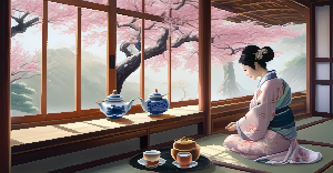A woman in a colorful kimono pouring tea during a serene Japanese tea ceremony in a traditional tea house, with cherry blossoms visible outside.
