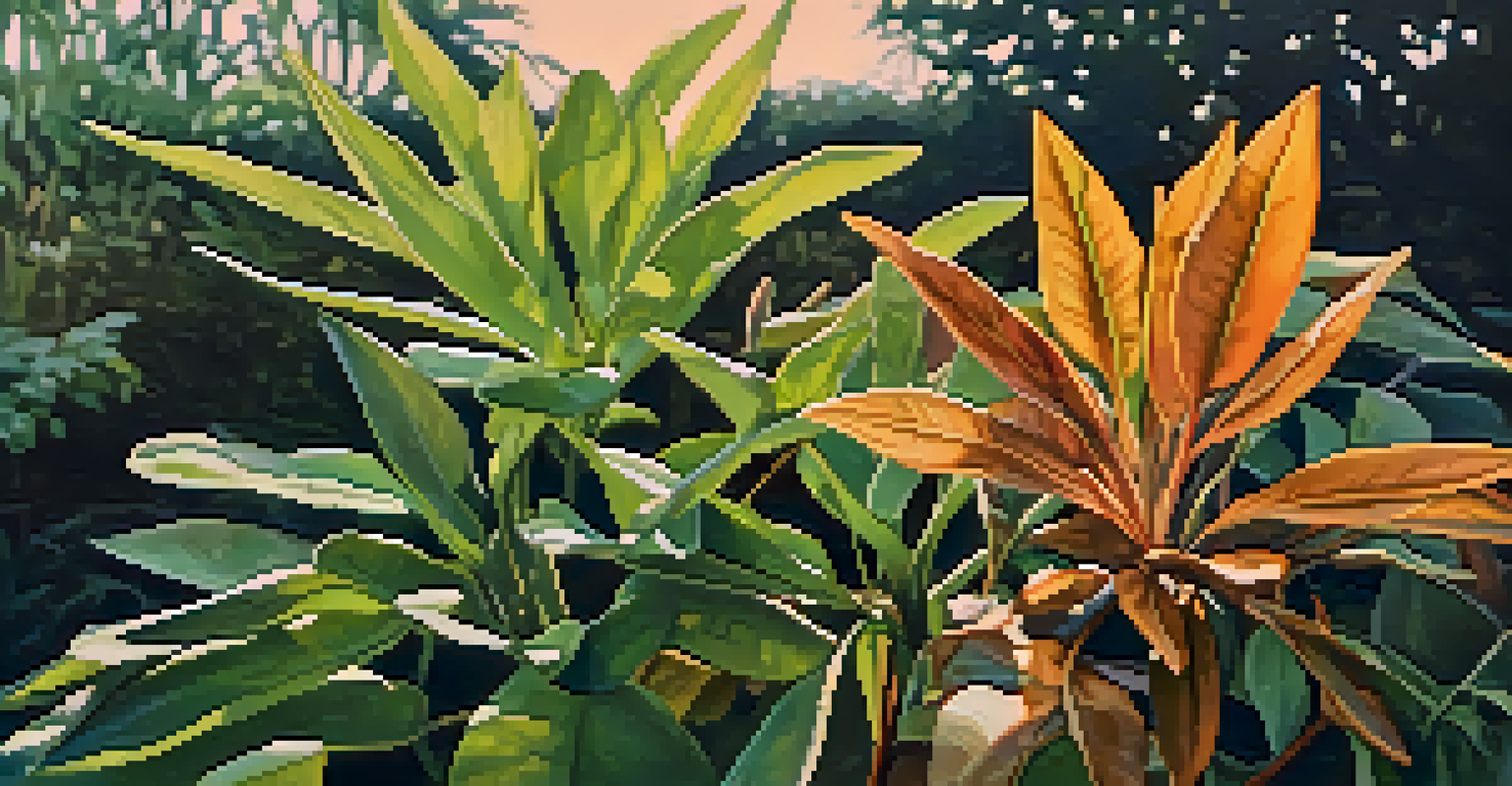 A close-up of a healthy green plant next to a wilting brown plant in a garden, highlighting the importance of proper plant selection for their hardiness zone.