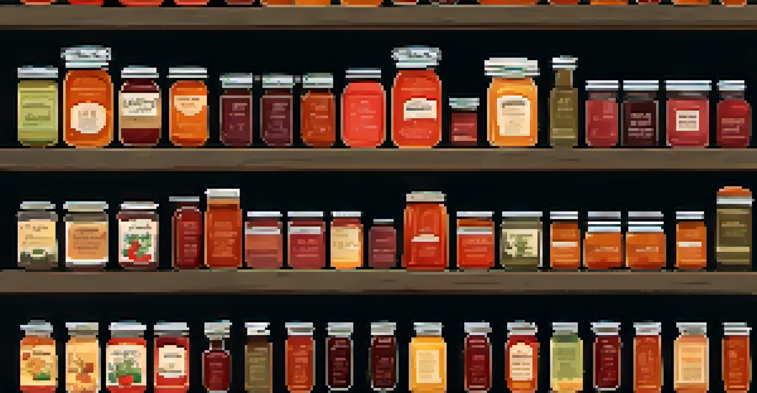 A rustic pantry showcasing jars of homemade canned goods, with warm light illuminating the shelves filled with colorful preserves.