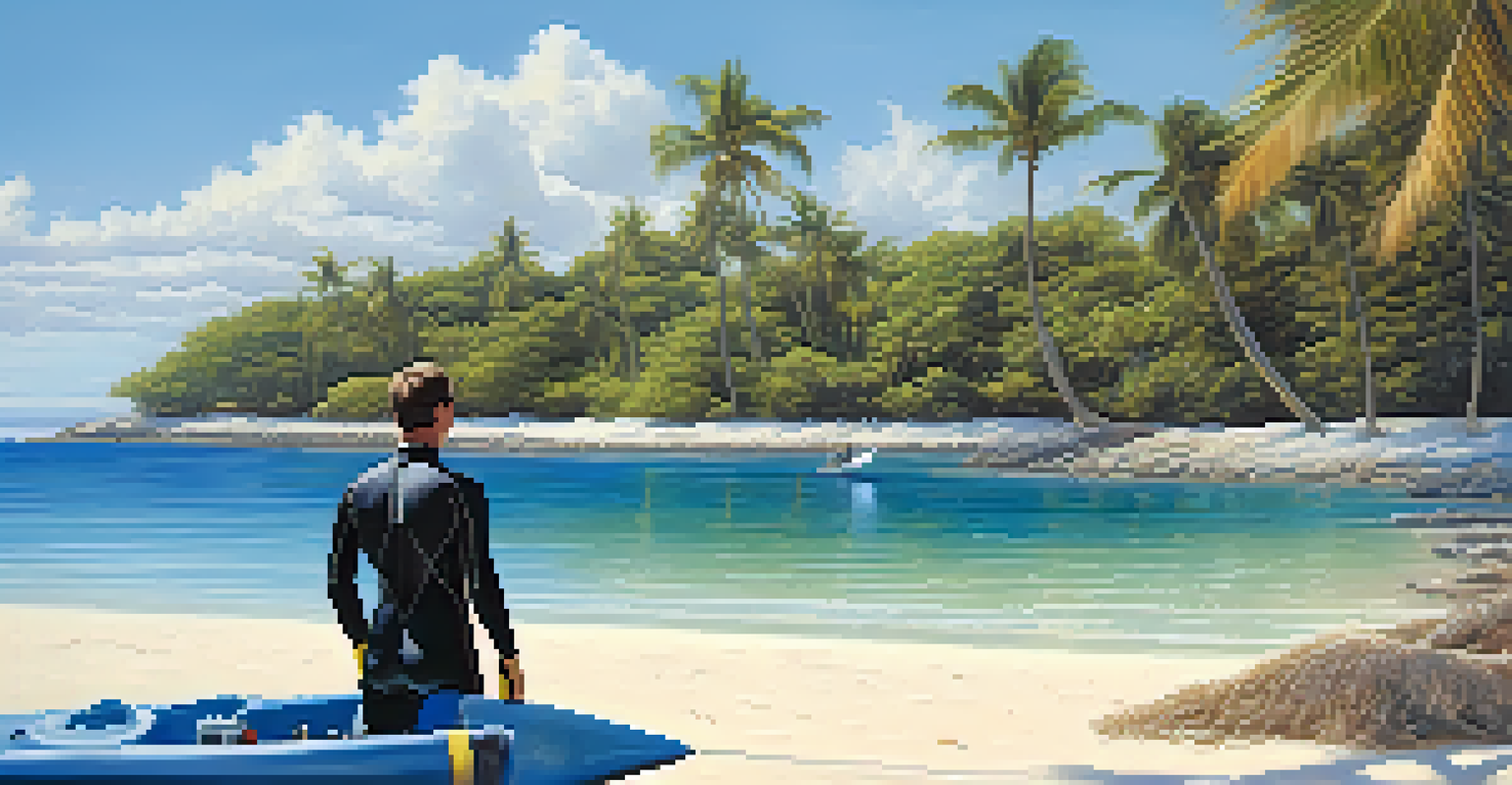A diver on a boat getting ready to dive into clear blue waters with palm trees and a beach in the background.