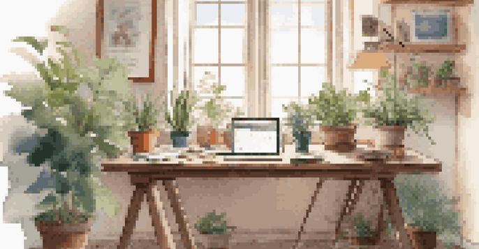 A digital artist's workspace with a tablet, stylus, and brushes, illuminated by warm light from a window.