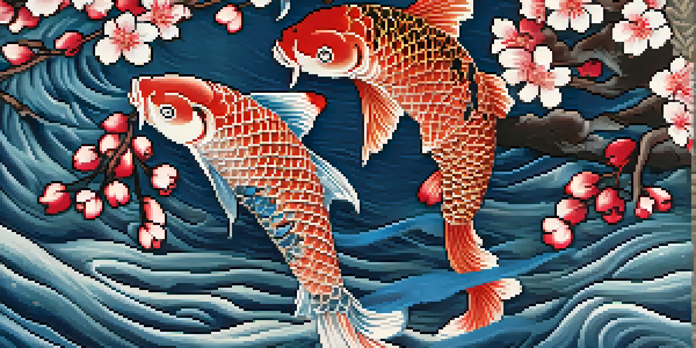 A vivid Japanese tattoo design showcasing a koi fish and cherry blossoms, with intricate details and vibrant colors.