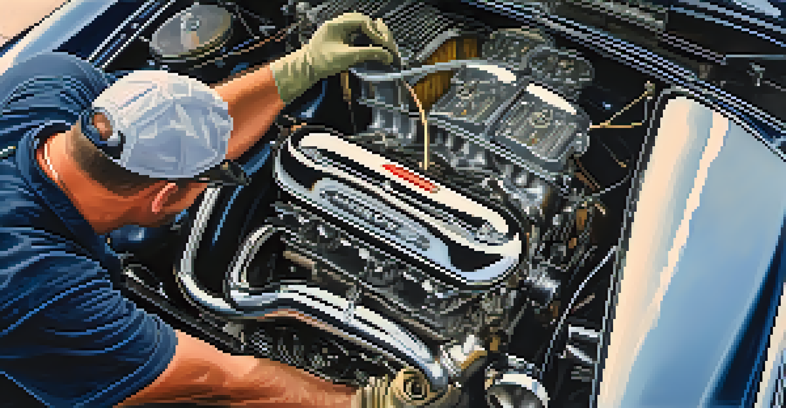 Close-up of a mechanic cleaning the engine bay of a classic car, emphasizing the intricate details of the engine parts.