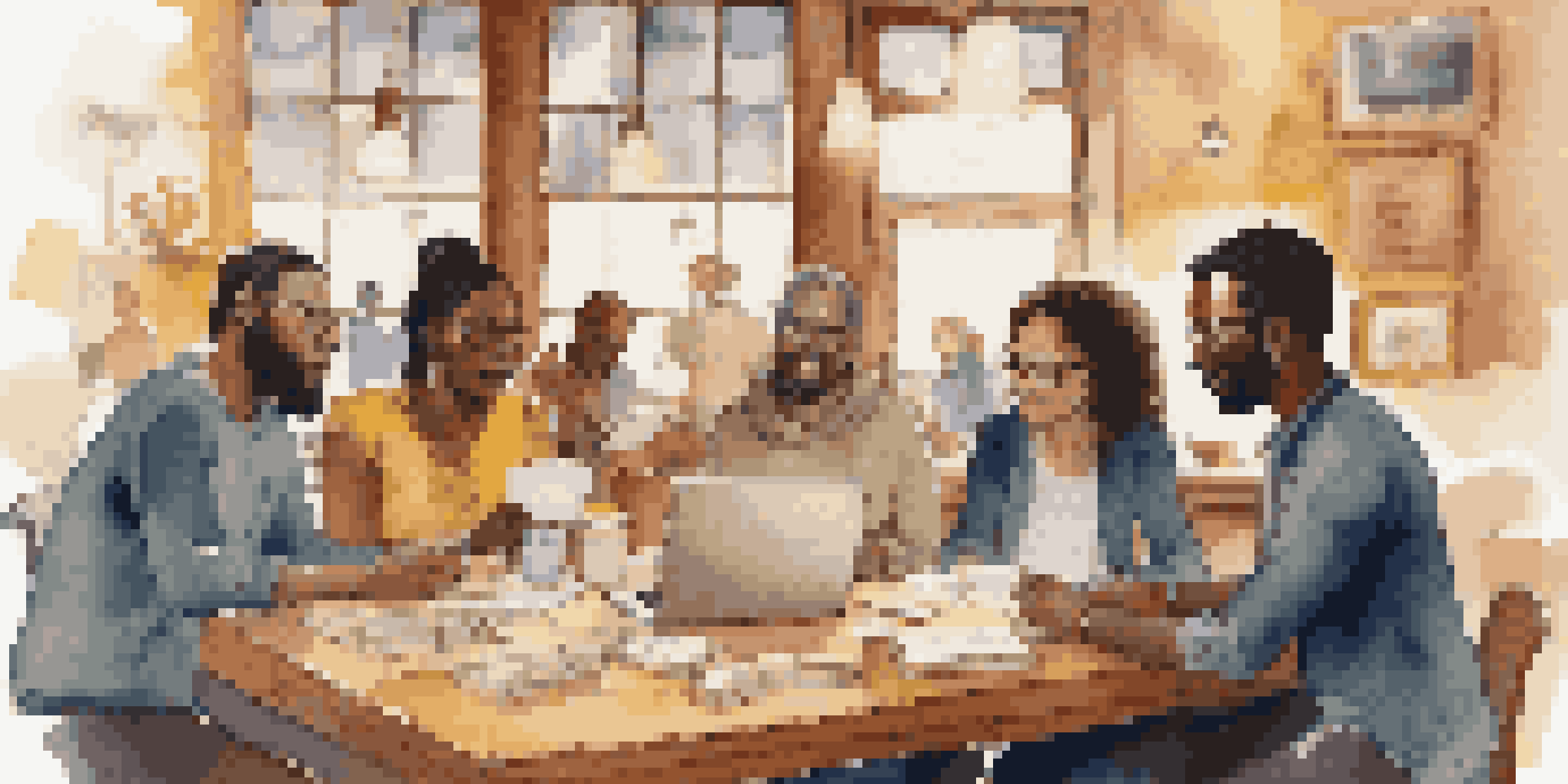 A group of diverse writers collaborating in a cozy coffee shop, surrounded by notebooks and coffee.