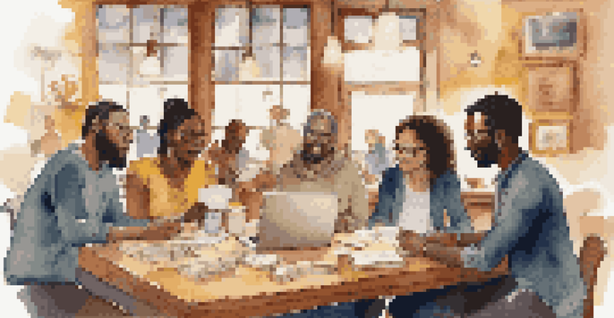 A group of diverse writers collaborating in a cozy coffee shop, surrounded by notebooks and coffee.