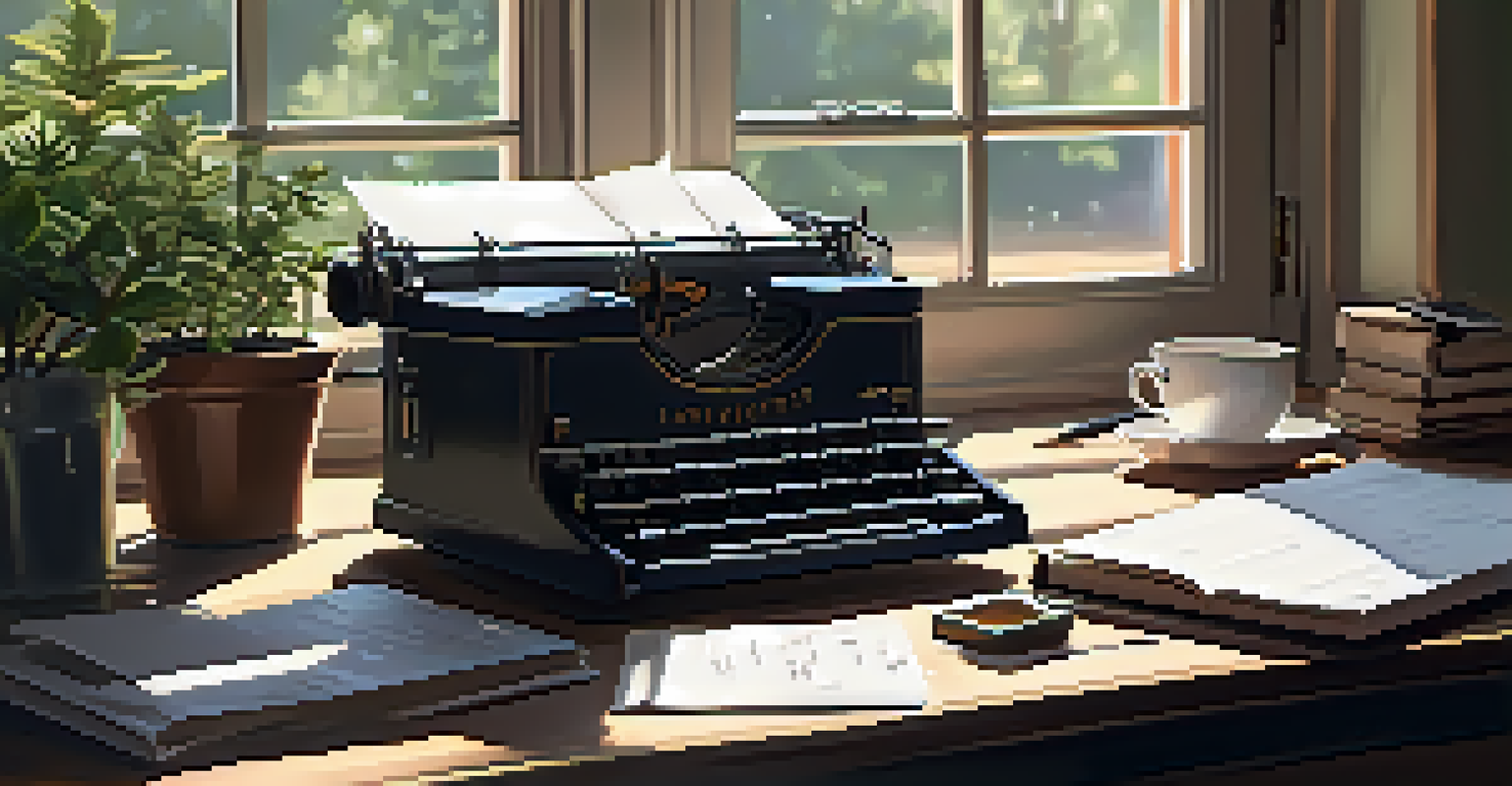 An elegant writer's desk with a vintage typewriter, an open notebook, and sunlight streaming through a window.