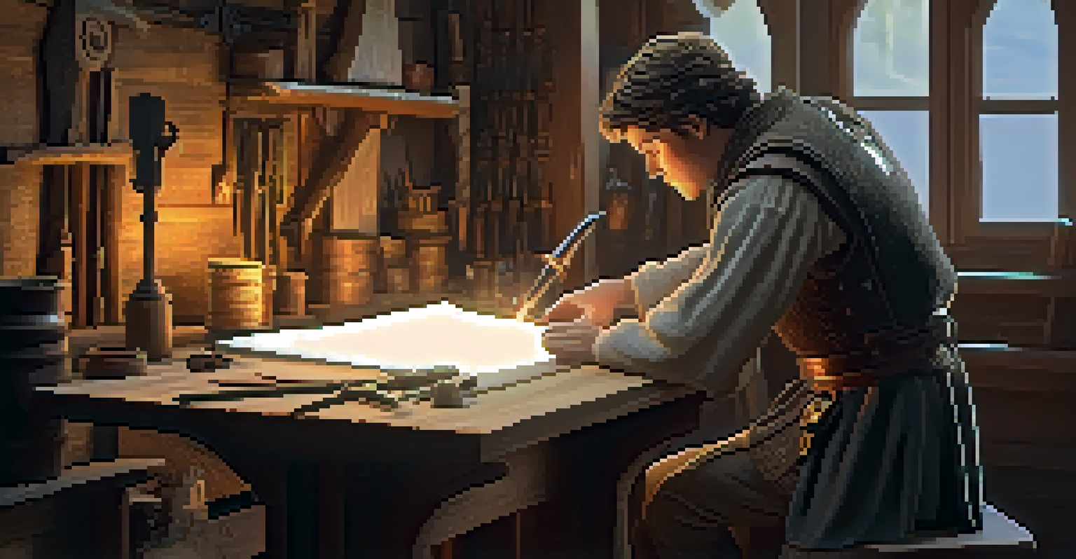 A reenactor in a workshop using 3D printing technology to create a medieval sword, with various tools and sketches around them.