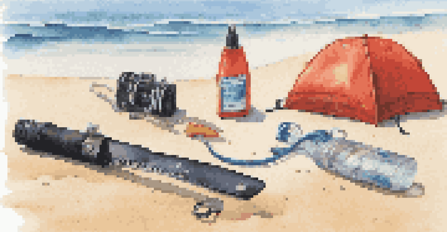 A close-up view of scuba diving emergency equipment including a dive knife and signaling device on a sandy beach with gentle waves in the background.