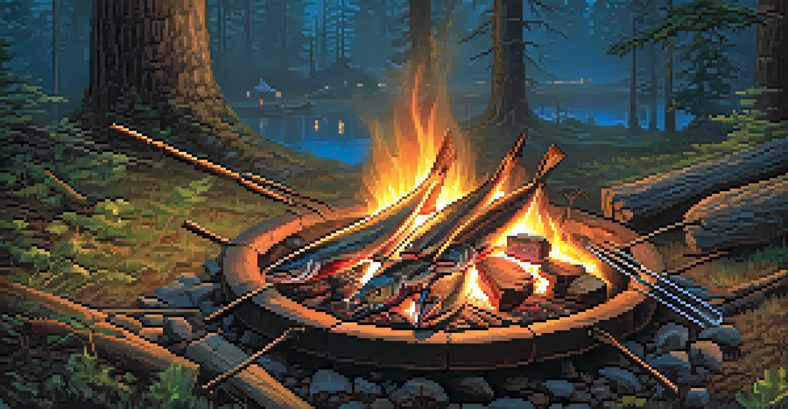 A campfire scene at dusk with a fish being grilled over the flames, surrounded by glowing embers in a forest clearing.