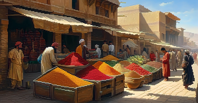 A bustling market along the Silk Road with merchants selling colorful spices and exotic fruits, under warm sunlight.