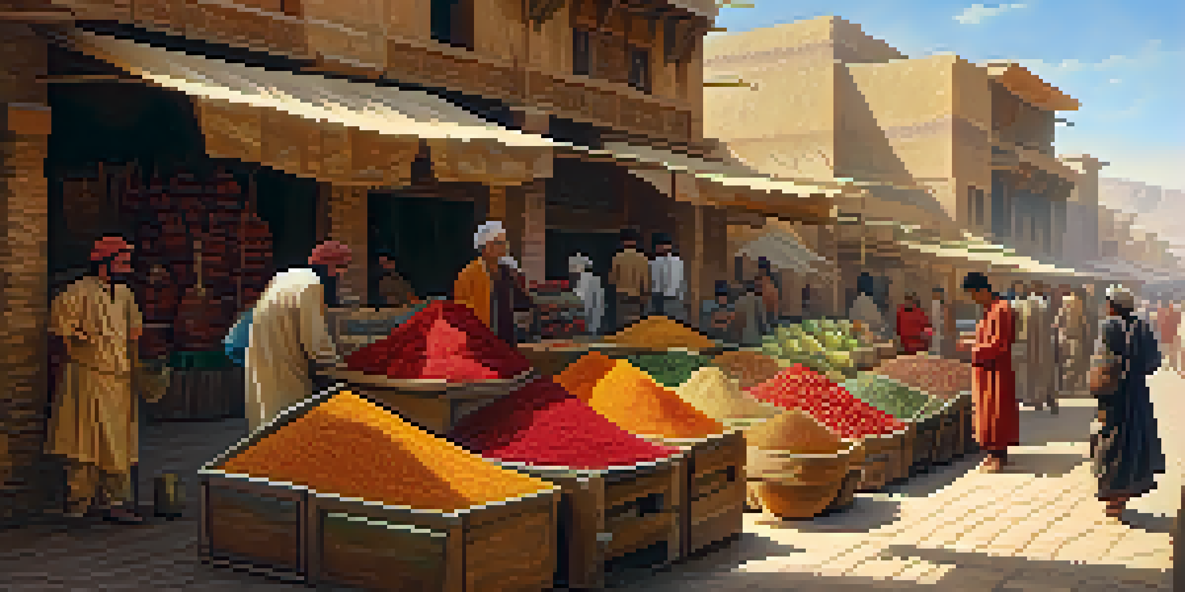 A bustling market along the Silk Road with merchants selling colorful spices and exotic fruits, under warm sunlight.