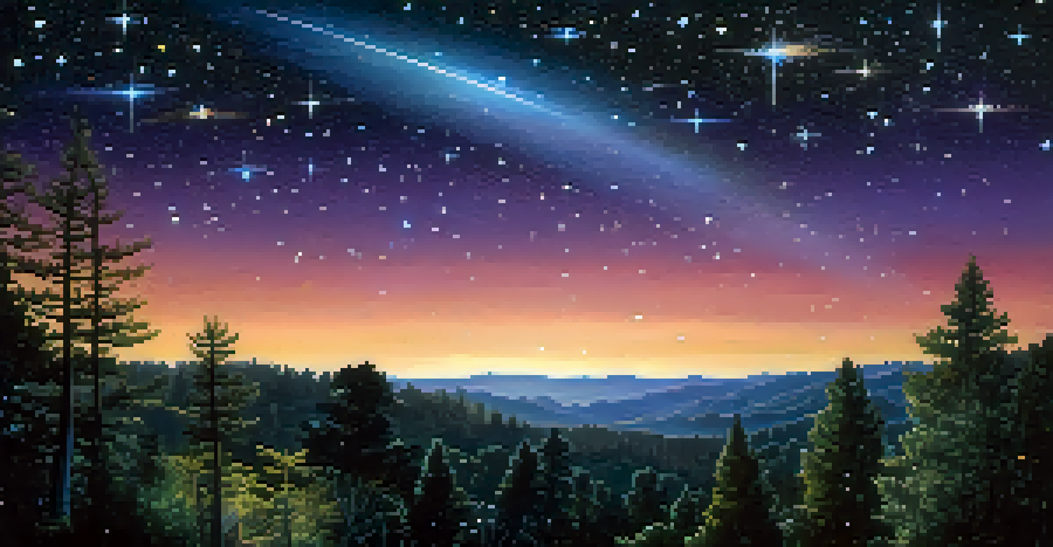 A close-up of a wide-angle lens capturing a starry sky with a comet, surrounded by blurred silhouettes of trees.