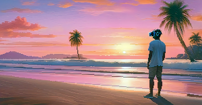 A person in a VR headset standing on a tranquil beach at sunset, with warm colors in the sky and palm trees surrounding them.
