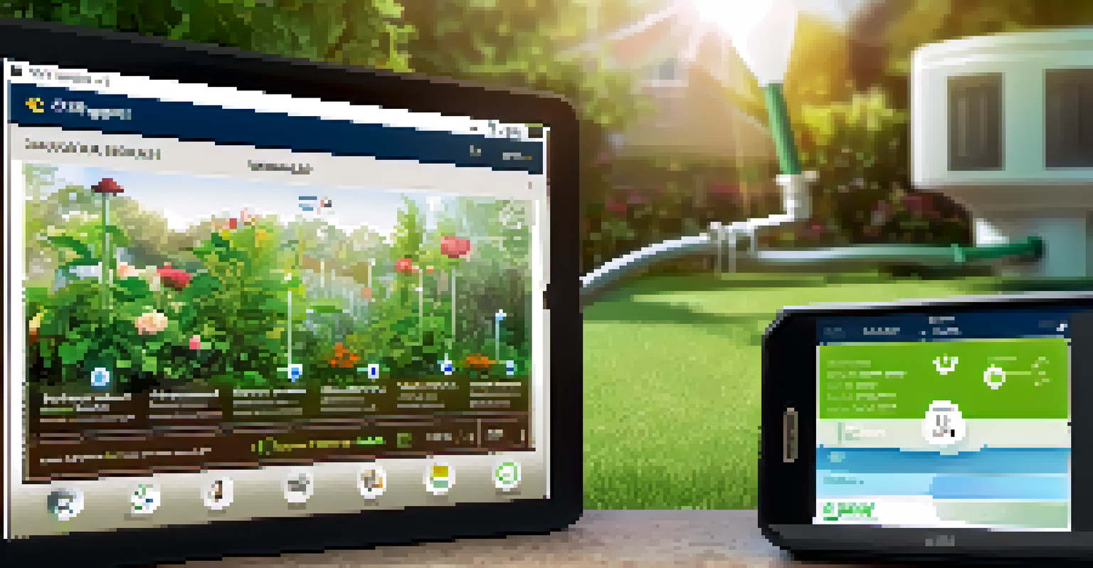 A smartphone displaying a smart irrigation app interface, set against a backdrop of a well-maintained garden.