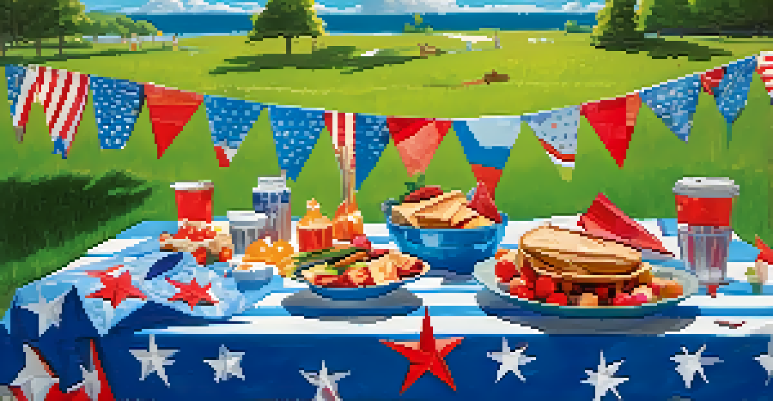 A festive picnic scene with origami stars and flags spread on a blanket under a blue sky with clouds.