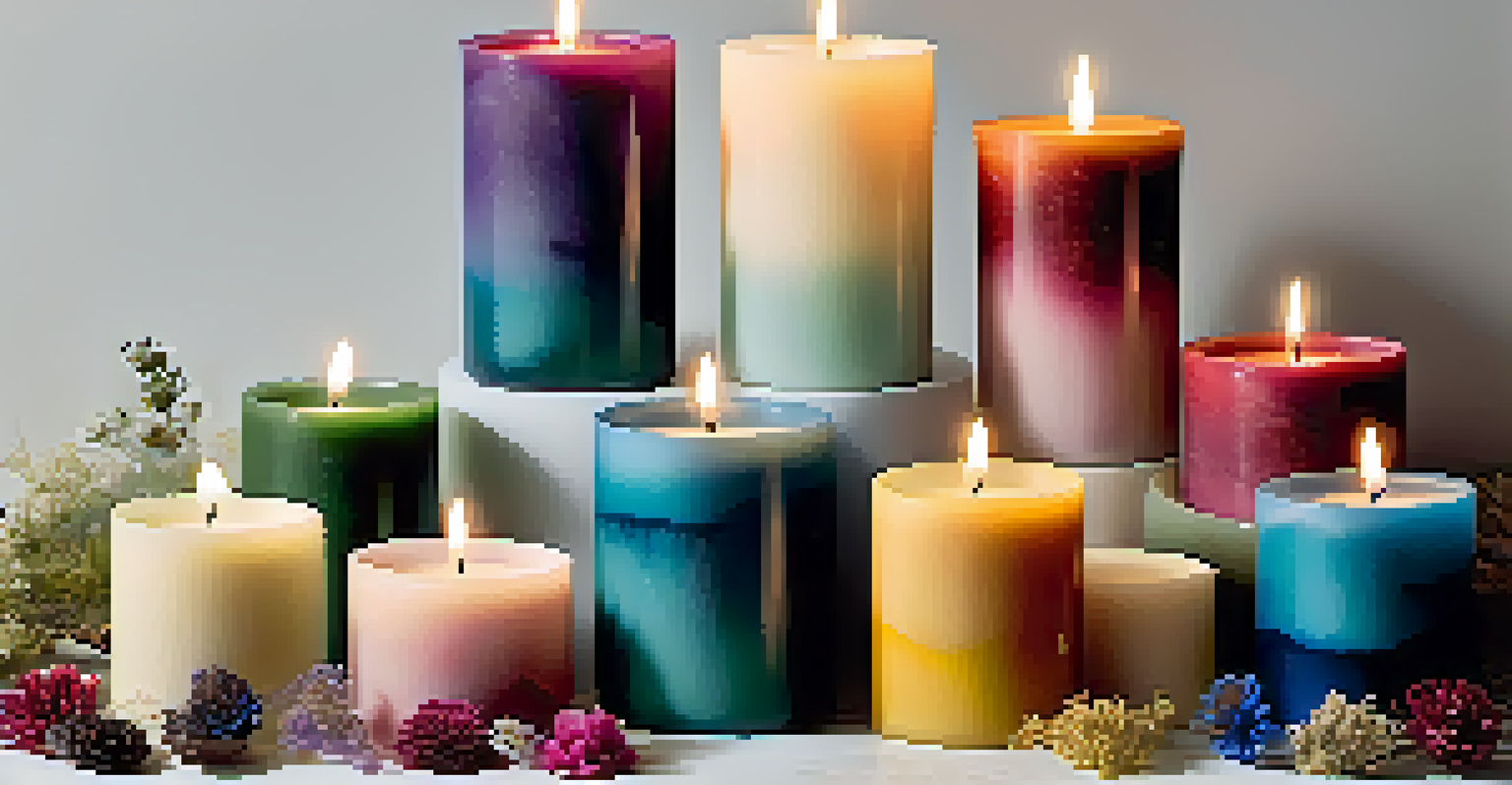 A display of various eco-friendly candles in different shapes and colors, labeled with natural ingredients and decorated with dried flowers.