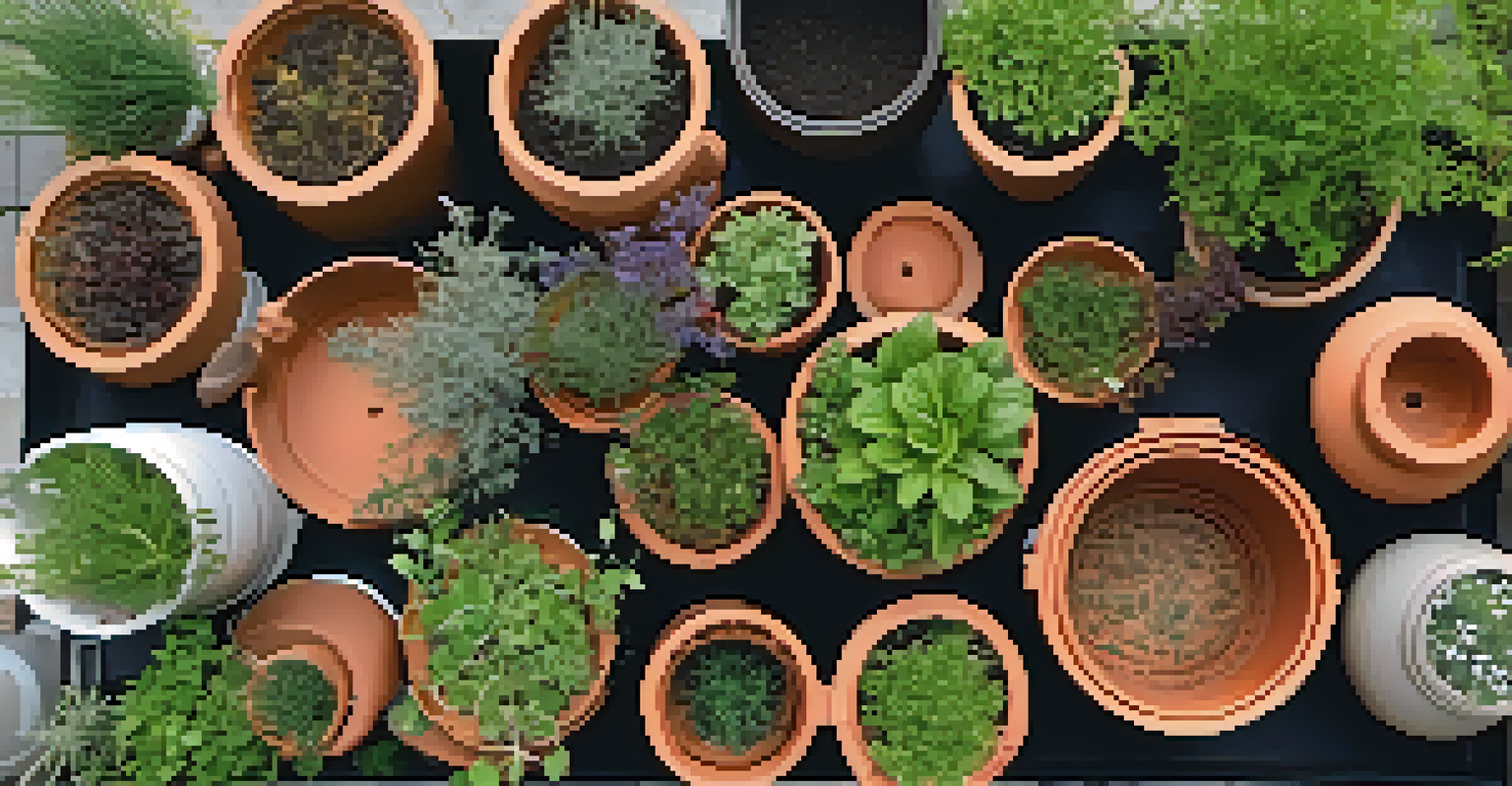An overhead view of a container garden with pots of herbs, vegetables, and flowers arranged on a patio, illuminated by soft morning light.