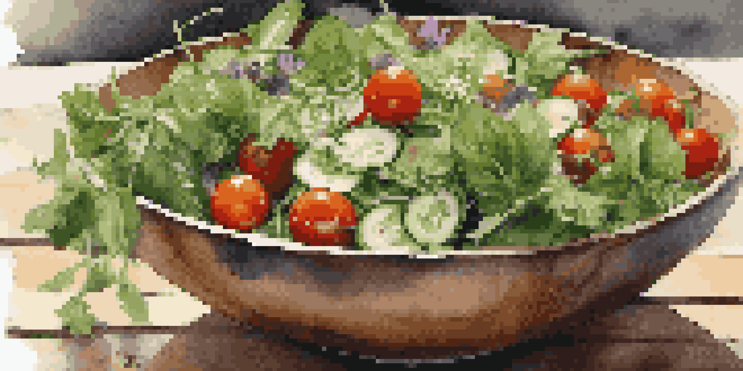 A colorful salad with arugula, cherry tomatoes, and cucumbers, topped with basil-infused vinegar and garnished with edible flowers and nuts.
