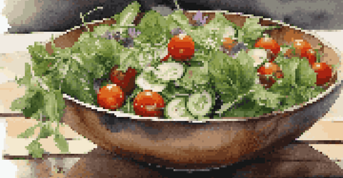 A colorful salad with arugula, cherry tomatoes, and cucumbers, topped with basil-infused vinegar and garnished with edible flowers and nuts.