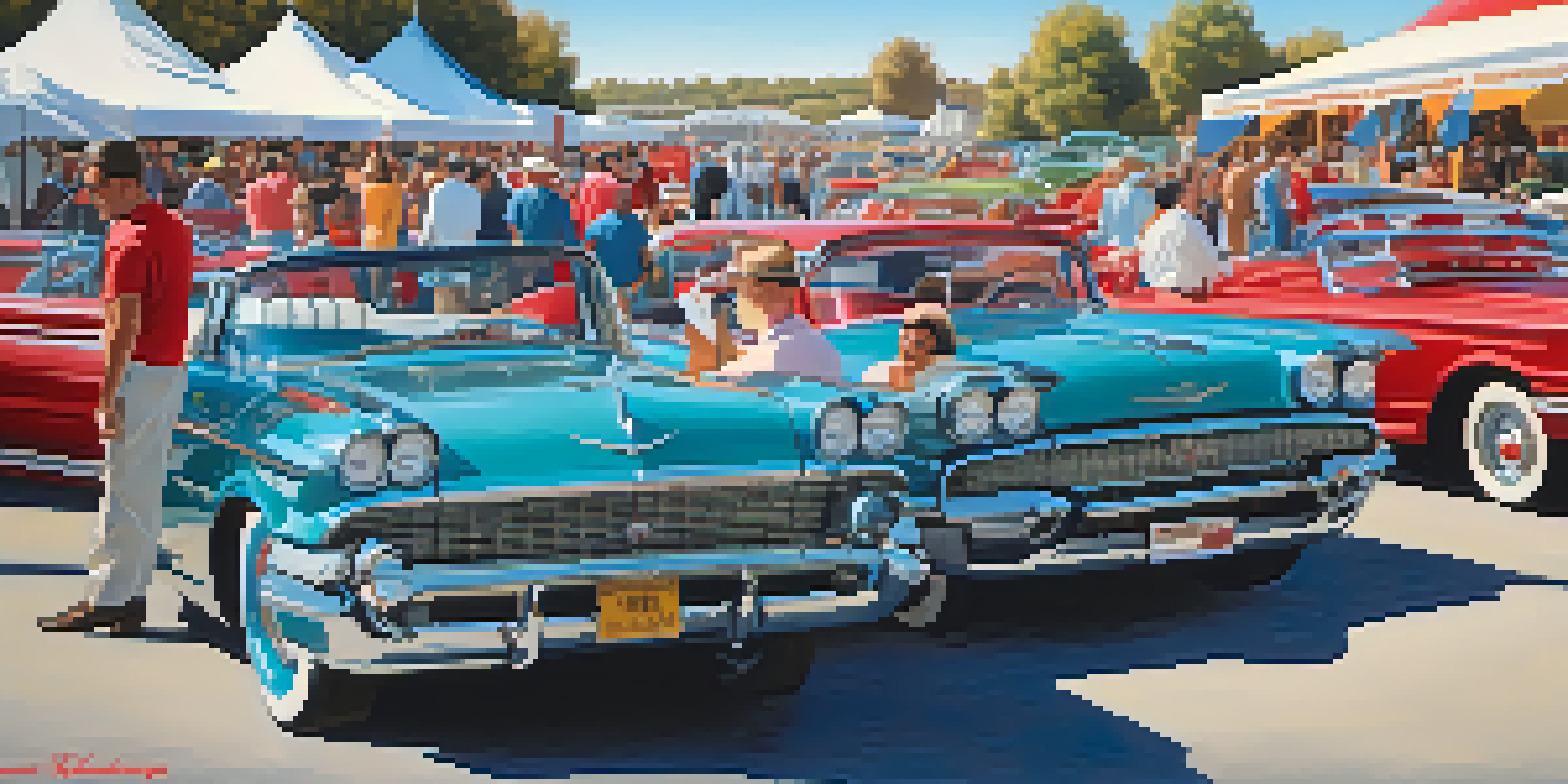 A lively scene at a vintage car show featuring classic cars and enthusiastic attendees.