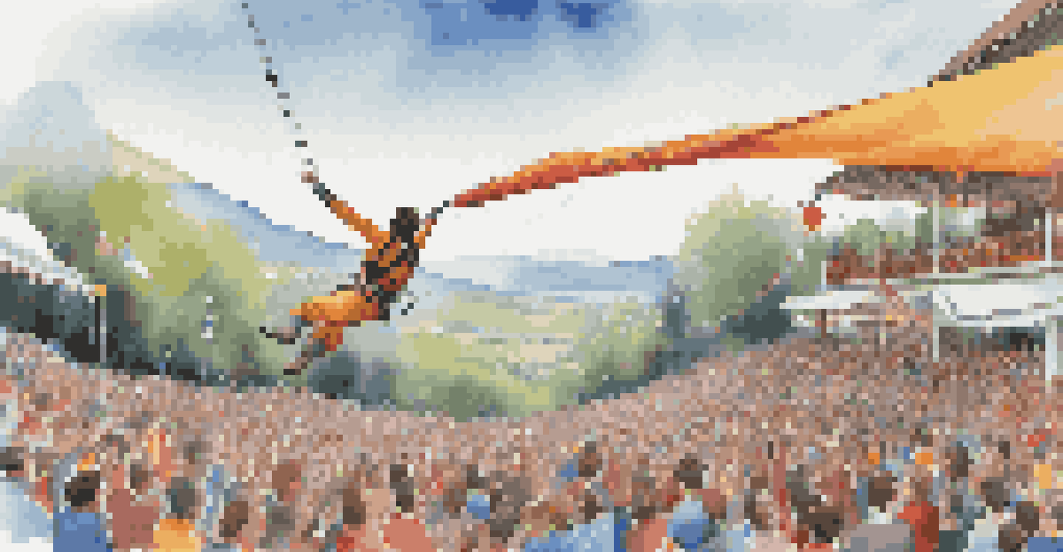 A bungee jumper soaring mid-air above a beautiful landscape during a festival, with spectators cheering below and colorful stalls in the background.