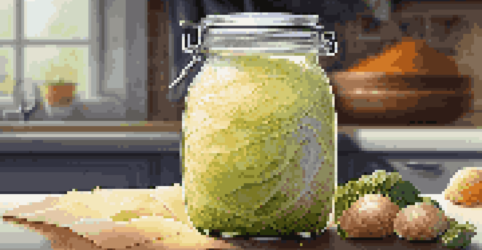 A close-up of a jar of homemade sauerkraut with a textured surface, set against a blurred kitchen background, showcasing vibrant colors.