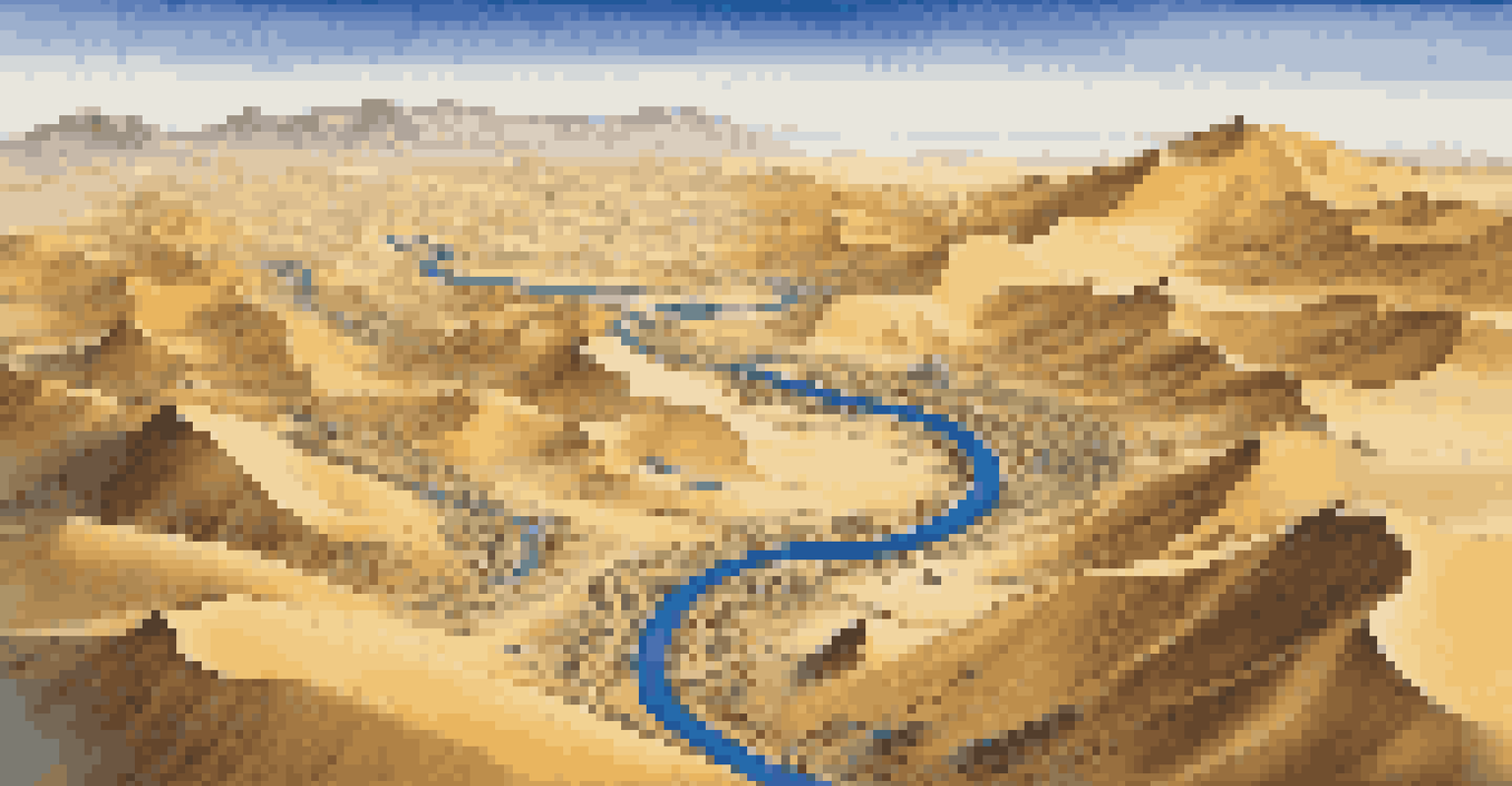 Aerial view of the Silk Road with caravans moving through sand dunes and mountains under a clear blue sky.