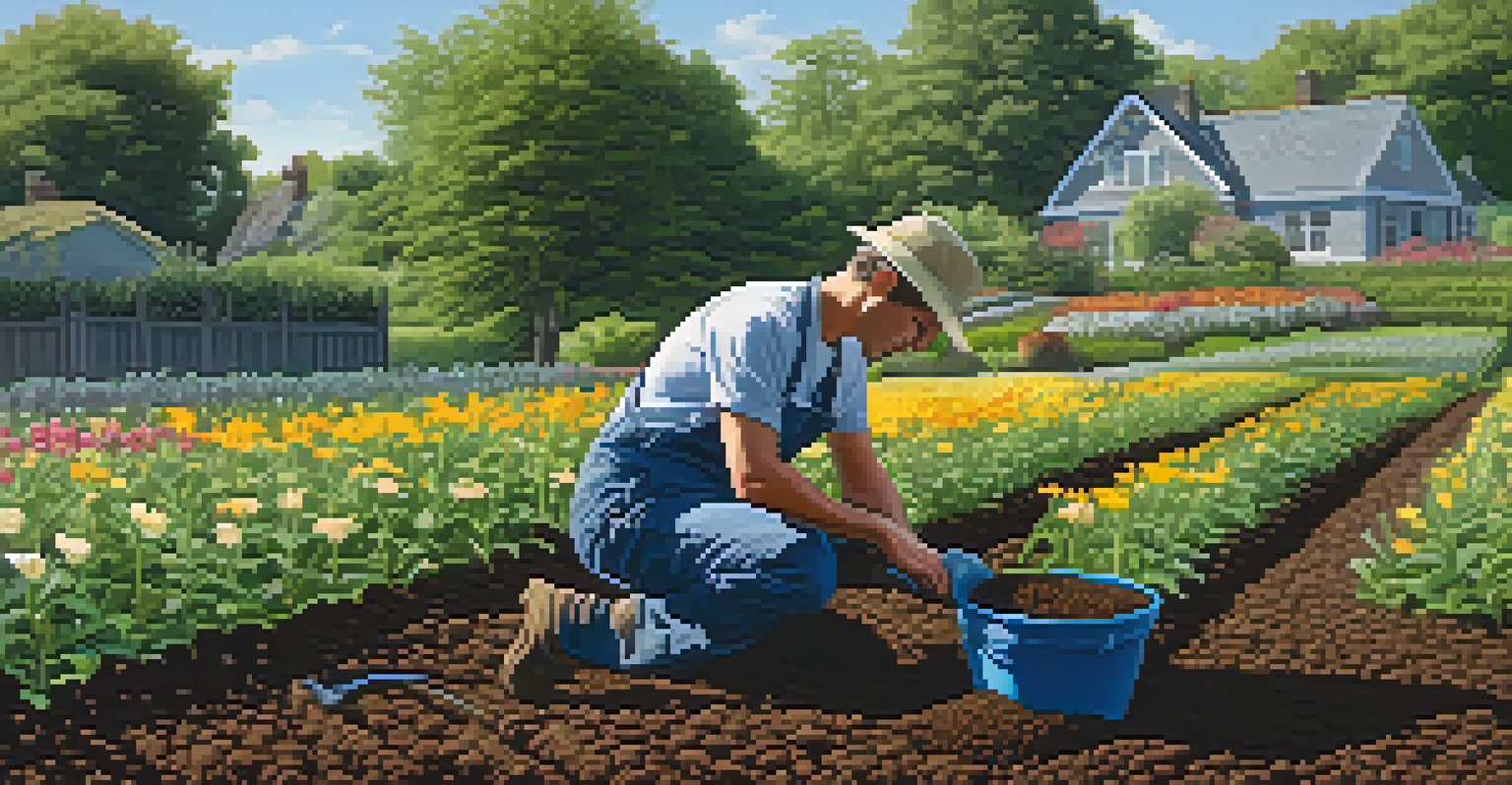 A gardener planting cover crops in rich soil under a clear blue sky.