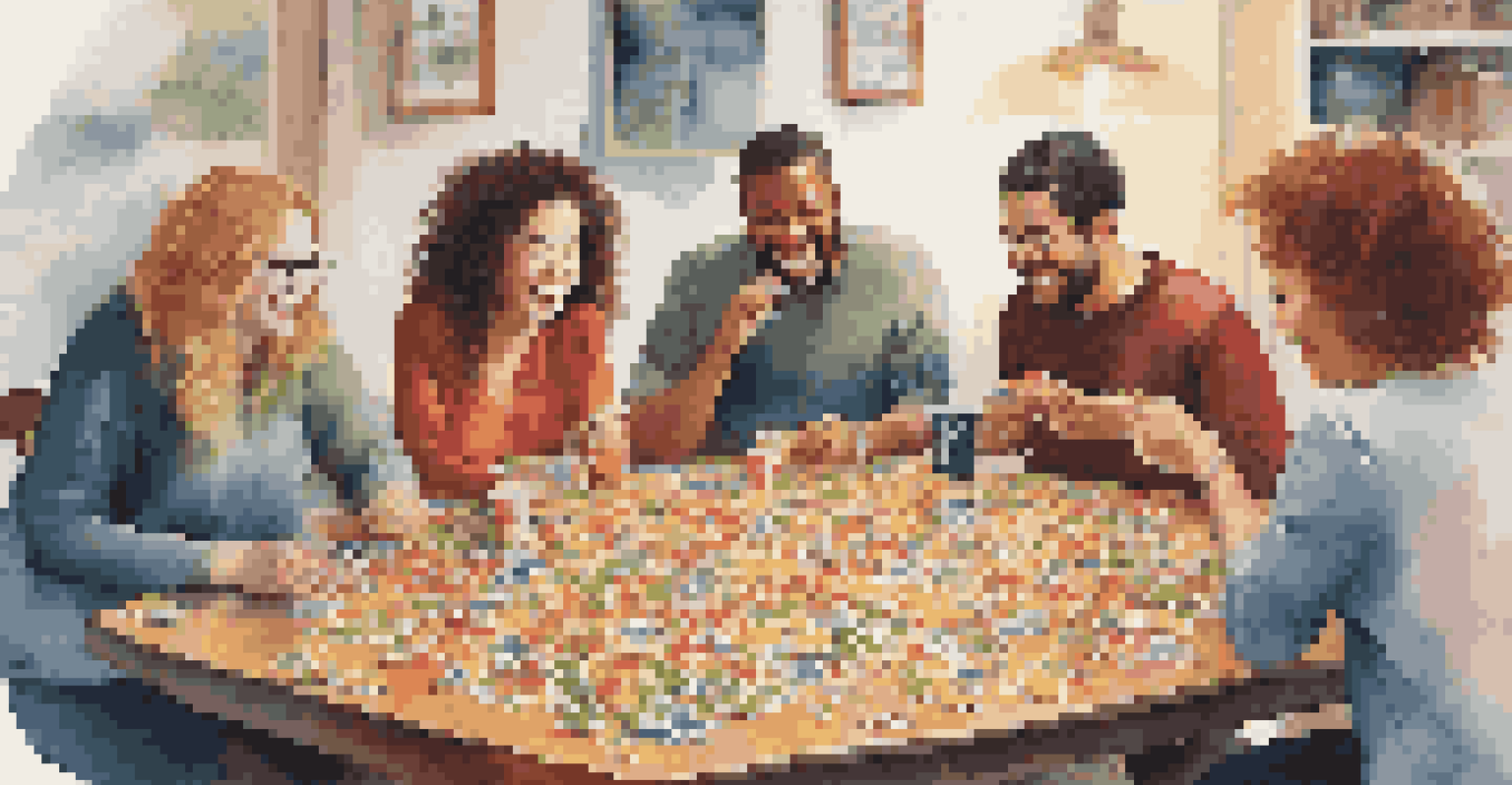 A group of friends enjoying a puzzle night together, with several jigsaw puzzles on the table.
