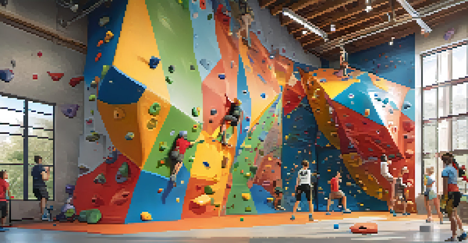 Climbers in an indoor gym on colorful sport climbing walls with natural light.