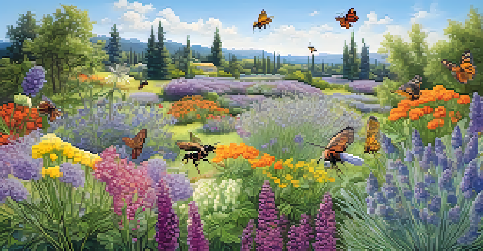 A colorful garden filled with flowering plants attracting bees and butterflies under a clear blue sky.