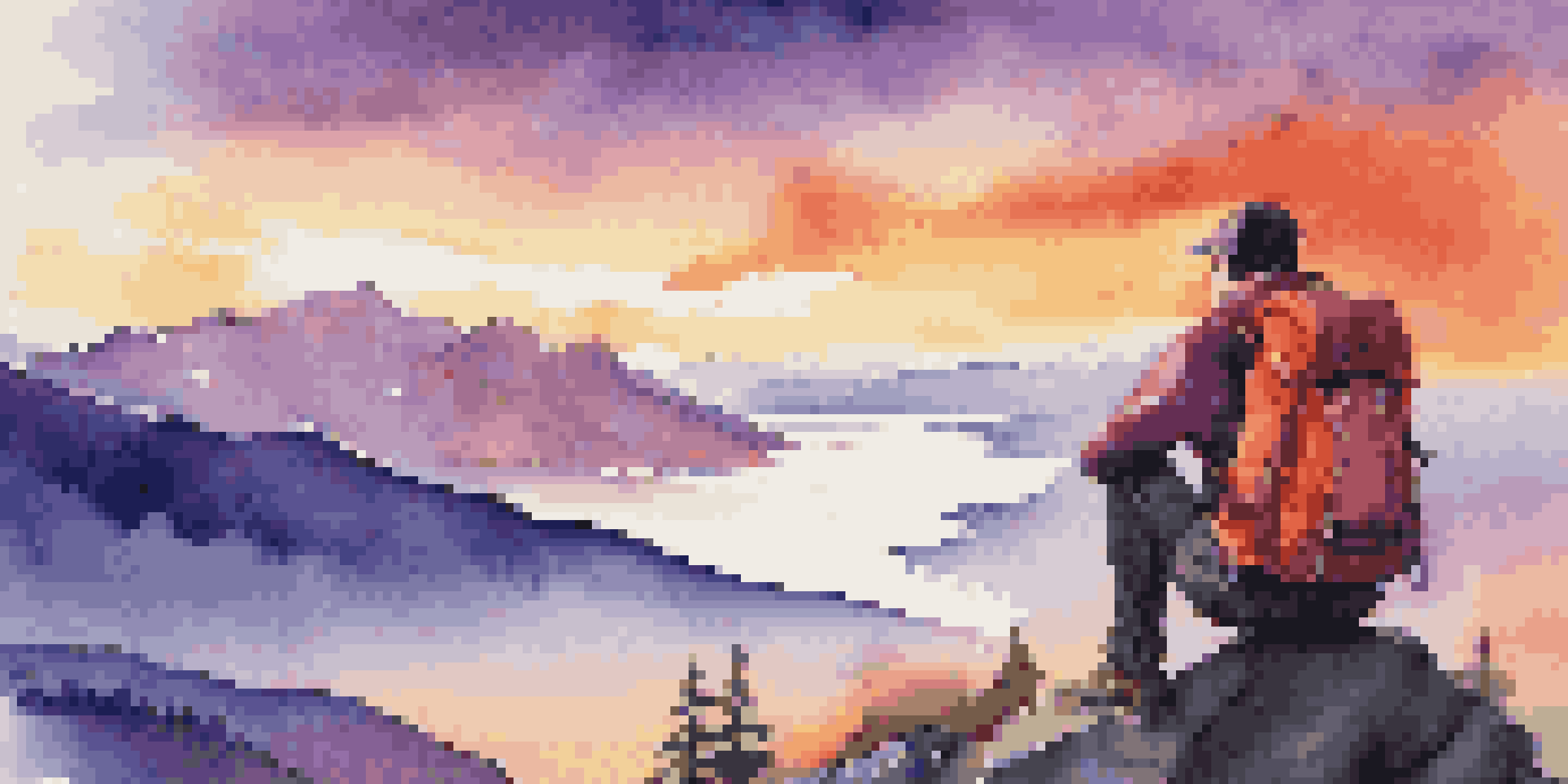 A backpacker in a red jacket stands on a cliff, watching a colorful sunset over mountains and calm waters.