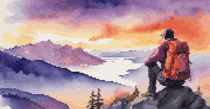 A backpacker in a red jacket stands on a cliff, watching a colorful sunset over mountains and calm waters.