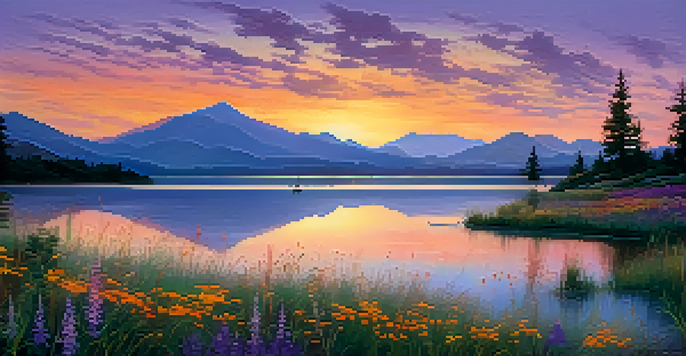 A tranquil sunset landscape with a lake reflecting orange and purple colors, wildflowers in the foreground, and mountains in the distance.