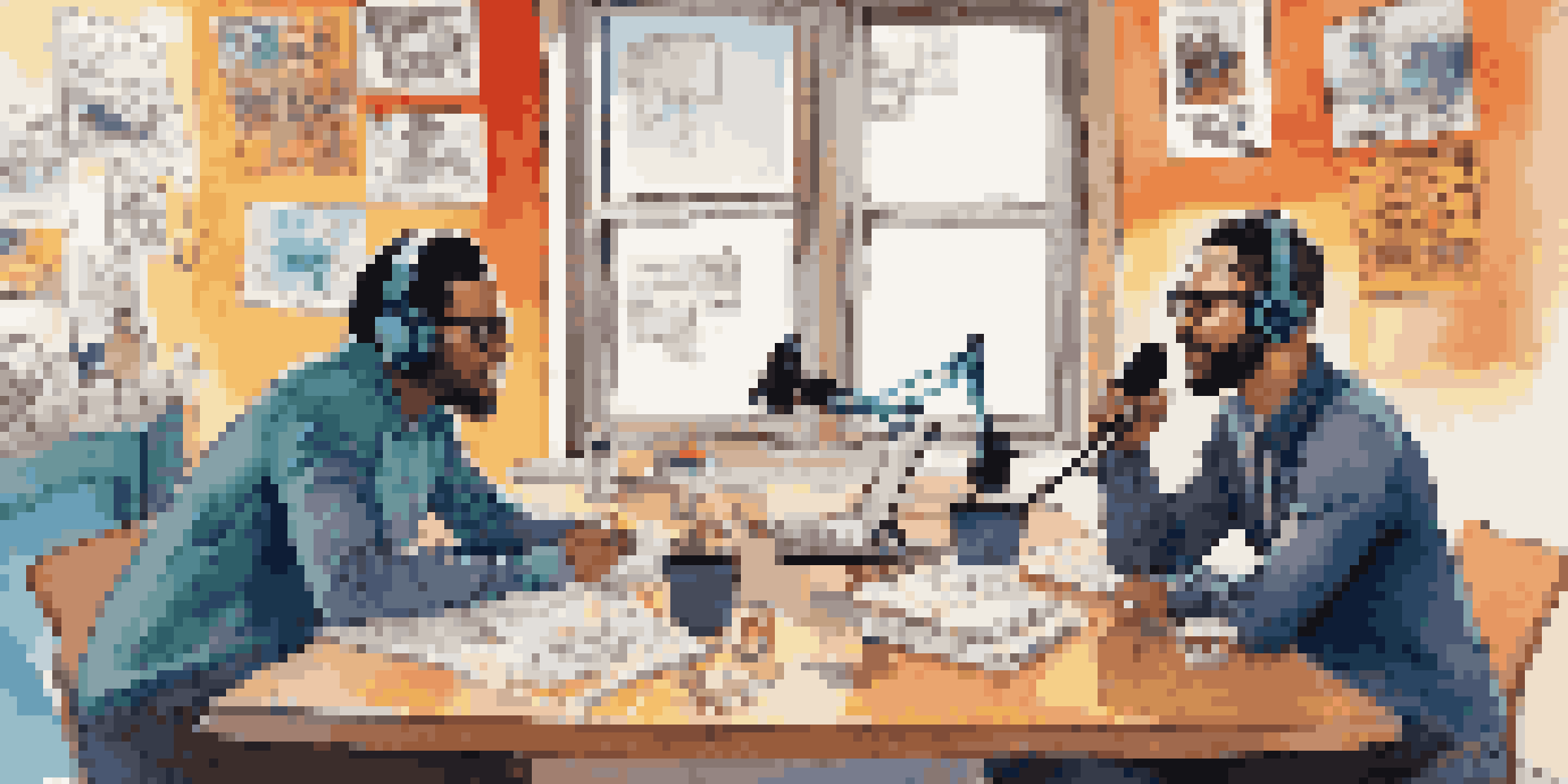 Two podcasters sitting at a table with microphones, engaged in conversation, with warm lighting and colorful decor.