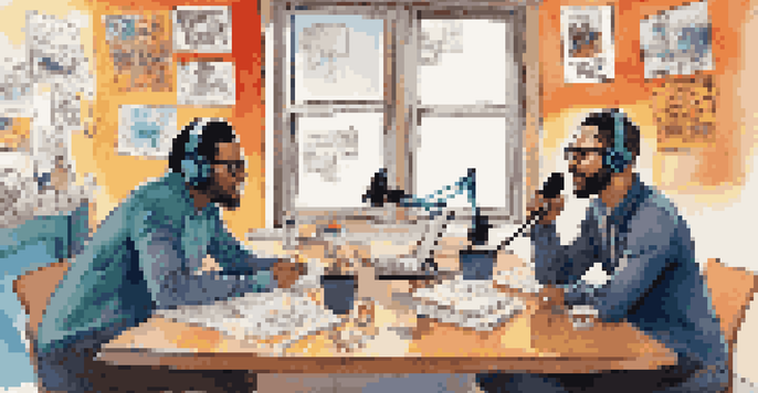 Two podcasters sitting at a table with microphones, engaged in conversation, with warm lighting and colorful decor.