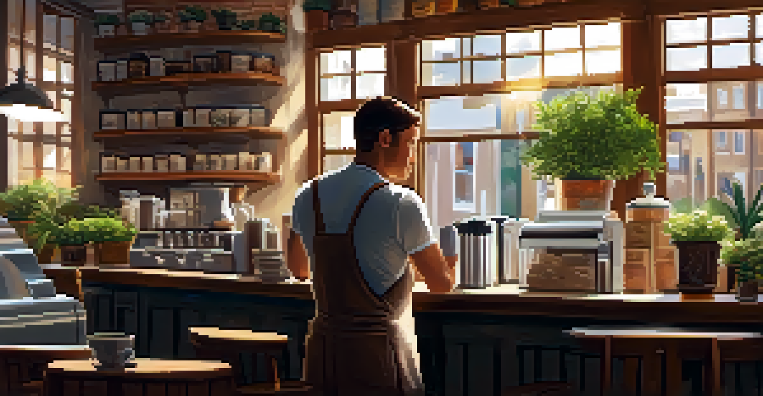 A cozy coffee shop interior with a barista preparing coffee.