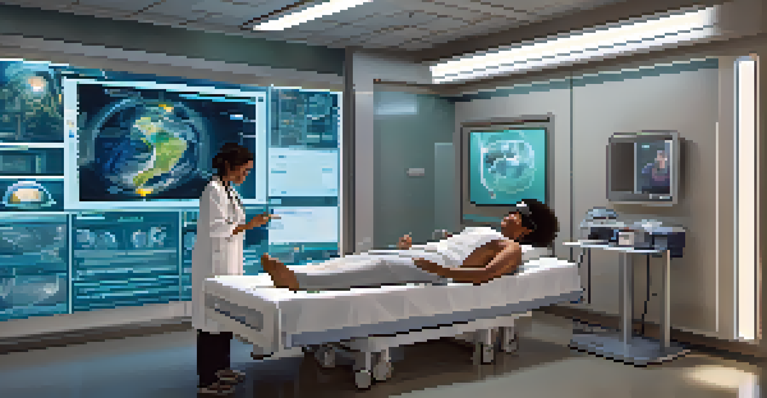 A medical professional in a virtual reality setting interacting with a virtual patient in a hospital room, showcasing empathy and communication skills.