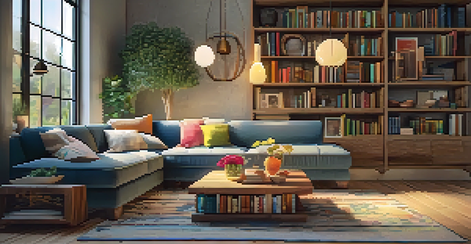 A cozy living room with wooden shelves displaying books and plants, illuminated by a warm lamp.
