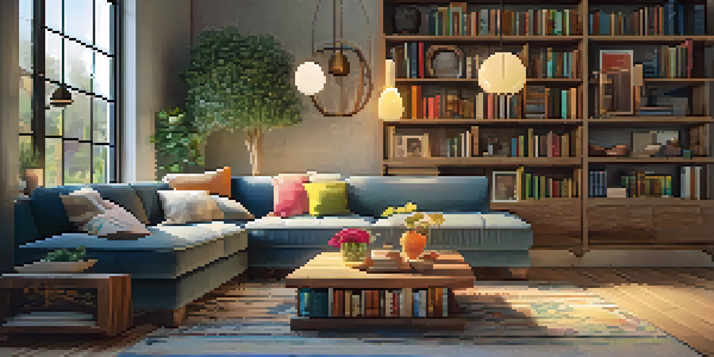 A cozy living room with wooden shelves displaying books and plants, illuminated by a warm lamp.