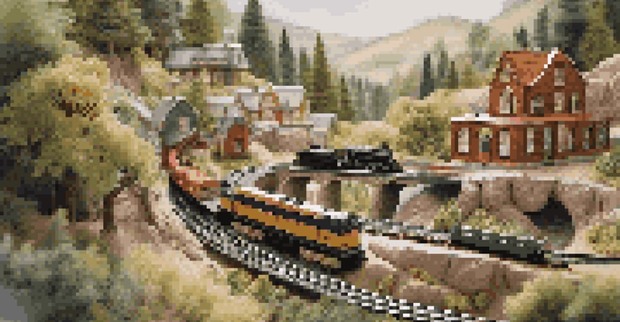 A detailed view of a model railroad with miniature landscapes, train models, and vibrant scenery.